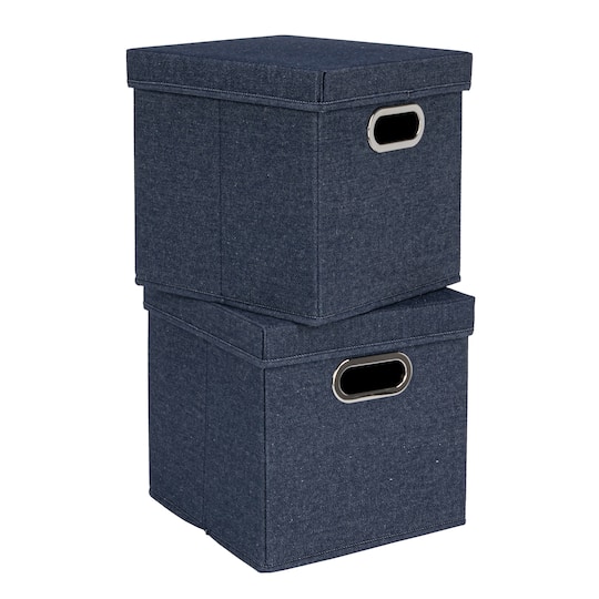 Household Essentials 11.5" Denim Blue Collapsible Cotton Blend Cube Storage Box with Lid, 2ct.